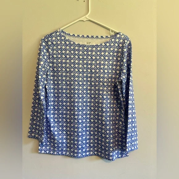 Vineyard Vines Sankaty UPF 50 Boatneck Blue  White Patterned Blouse - Picture 2 of 7